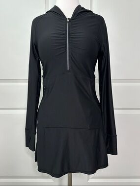Athleta Pacifica Illume Swim Cover Up Beach Hoodie Dress Thumbholes Black XS